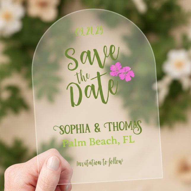 Funky Pink & Green Tropical Save the Date Arch Acrylic Invitations (Funky save the date card in white with pops of color in pink!)