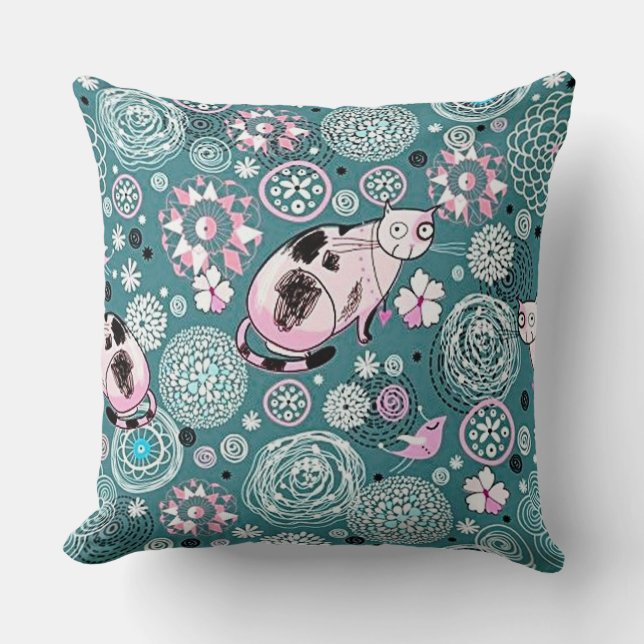 Funky Pink KItty Cat Pattern Throw Pillow (Front)