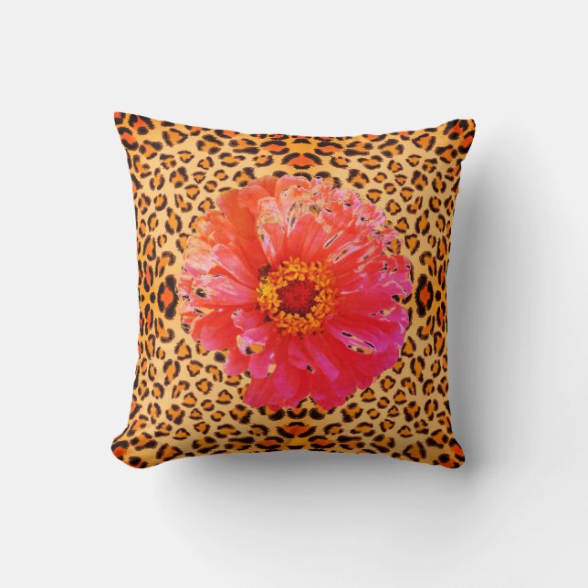 Funky pink orange floral leopard pattern throw pillow (Front)