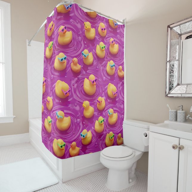 Funky pink rubber duck pattern shower curtain cute (In Situ)