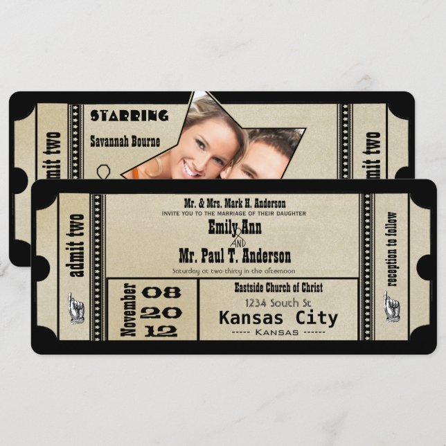 Funky Playbill Wedding Silver Metallic Invite (Front/Back)