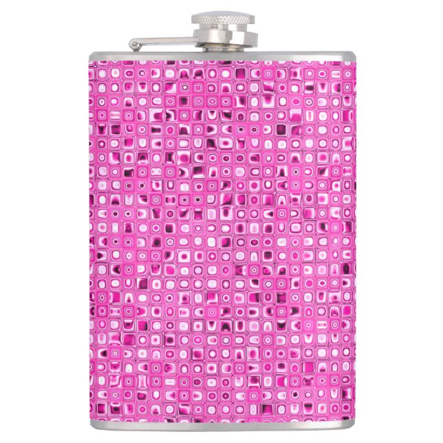 Funky 'Pretty In Pink' Mosaic Tiles Pattern Hip Flask (Front)