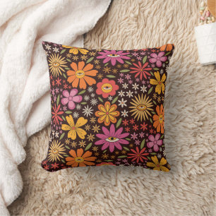 Funky Psychedelic 70s Groovy Flowers Eye Pattern  Throw Pillow