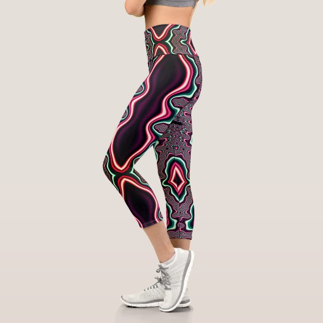 Funky Psychedelic Green and Red Fractal Pattern Capri Leggings (Left)