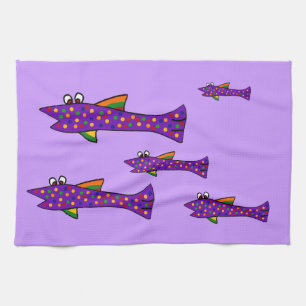 Funky Purple Fish Cartoon Kitchen Towel