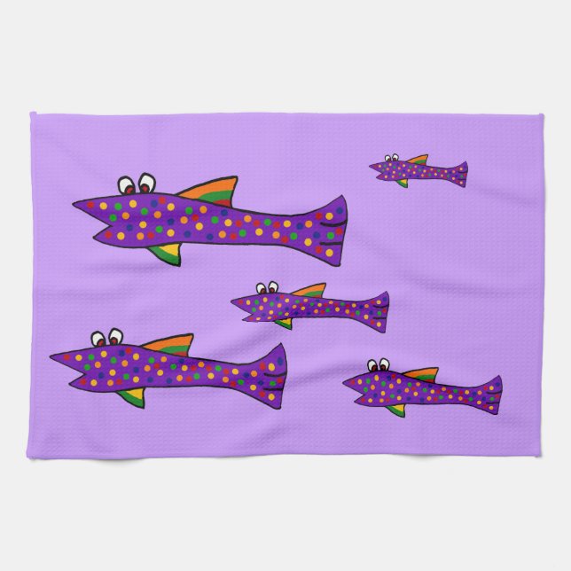 Funky Purple Fish Cartoon Kitchen Towel (Horizontal)