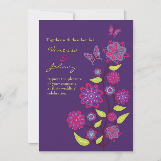 Funky Purple Flowers Wedding Invitation (Front)