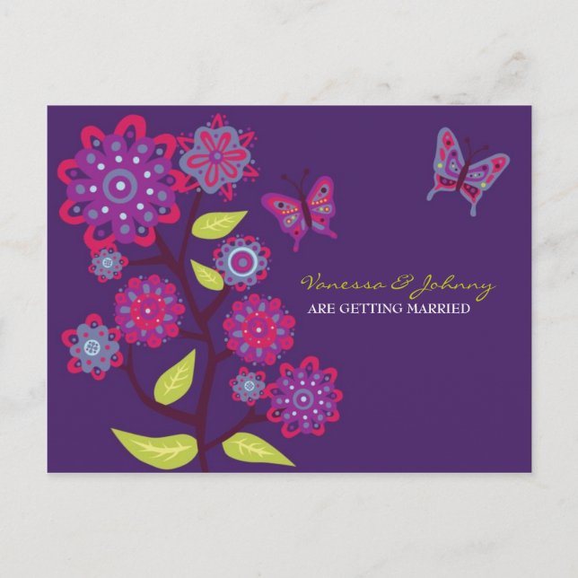Funky Purple Flowers Wedding Save the Date Announcement Postcard (Front)