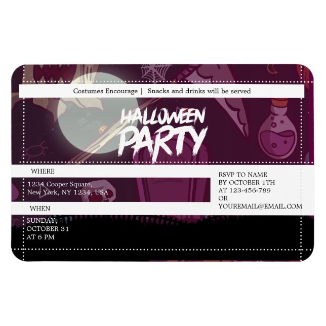 Funky Purple Halloween Spooky Party Ticket Magnet (Horizontal)