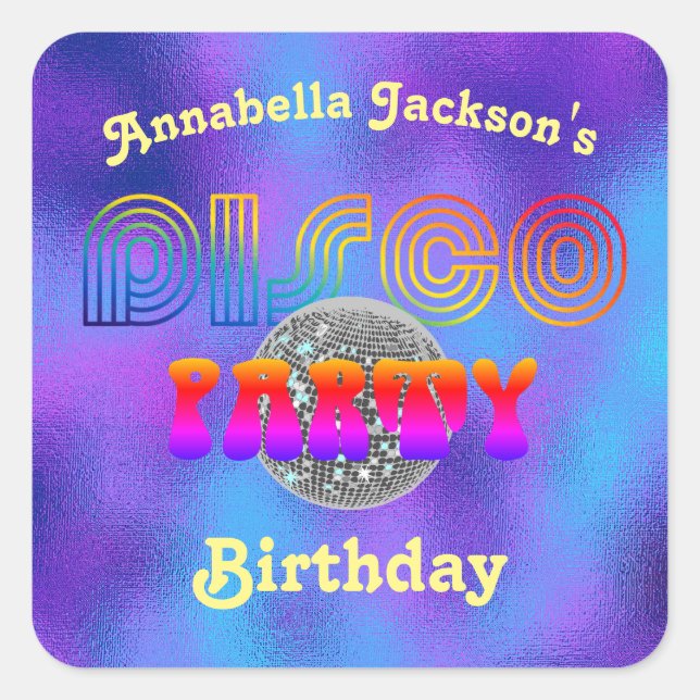 Funky Rainbow Disco Party on Purple Foil Square Sticker (Front)