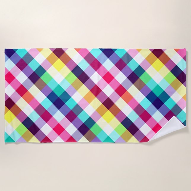 Funky Rainbow Plaid Pattern Beach Towel (Front)