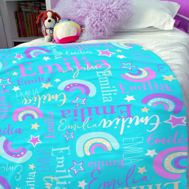 Funky rainbow stars aqua girls name colourful fleece blanket (Creator Uploaded)