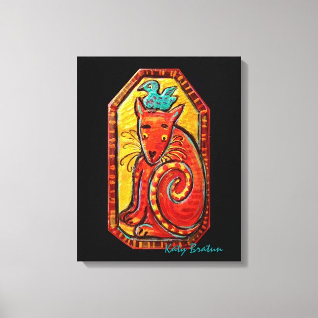 Funky Red Curious Cat Original Painting Canvas Print (Front)