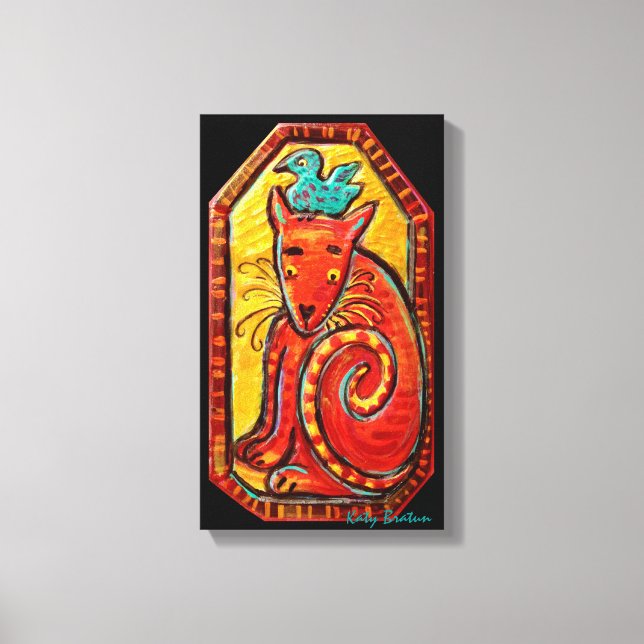 Funky Red Curious Cat Original Painting Canvas Print (Front)