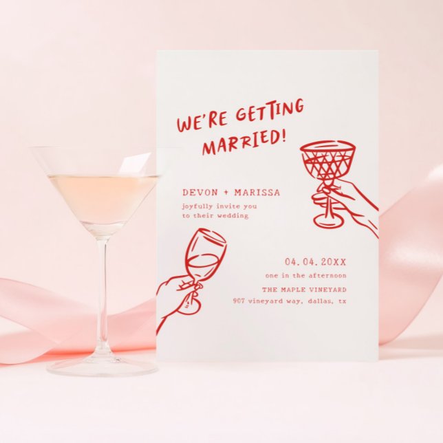 Funky Red Fun Getting Married Illustrated Wedding Invitation (Creator Uploaded)