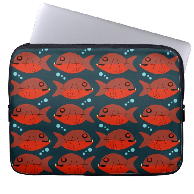 Funky Red Retro Piranha Fish Art Pattern Laptop Sleeve (Front)