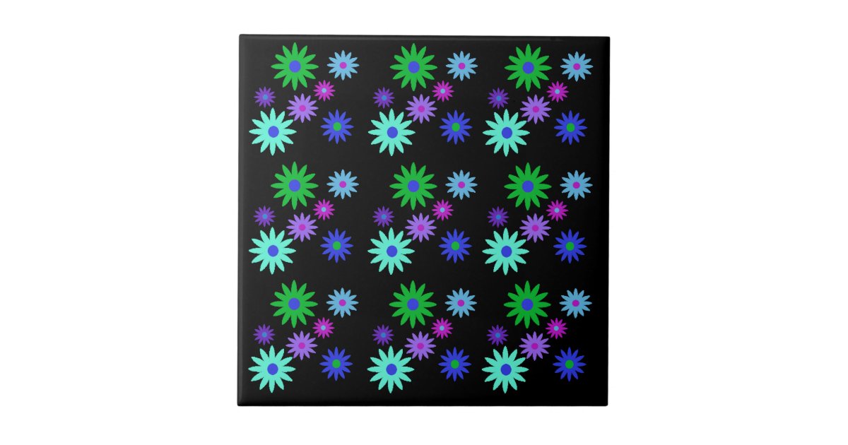 Funky Retro 70s Abstract Daisy Flowers Print Black Tile | Zazzle.ca