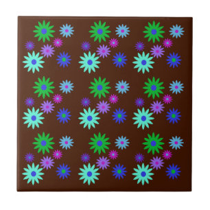 Funky Retro 70s Abstract Daisy Flowers Print Brown Tile
