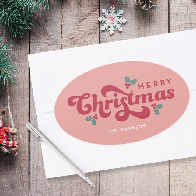 Funky Retro 70s Holly Jolly Christmas Oval Sticker (Creator Uploaded)