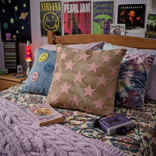 Funky Retro Abstract Pink Stars On Peach Chiffon  Throw Pillow