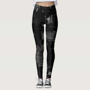 Funky Retro Black White Computer Circuit Board Leggings