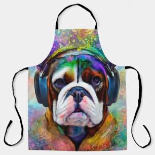 Funky Retro Bulldog Wearing Headphone  Apron