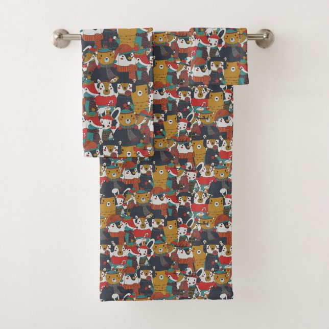 Funky Retro Christmas Animals Bath Towel Set (Insitu)