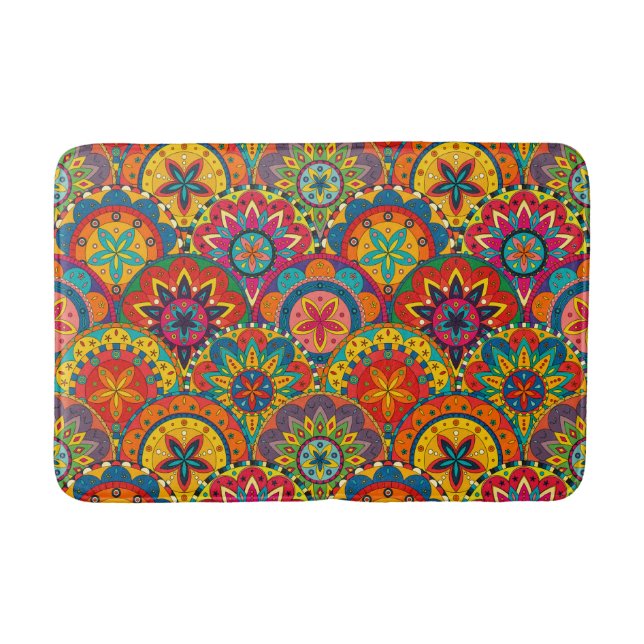 Funky Retro Colourful Mandala Pattern Bath Mat (Front)
