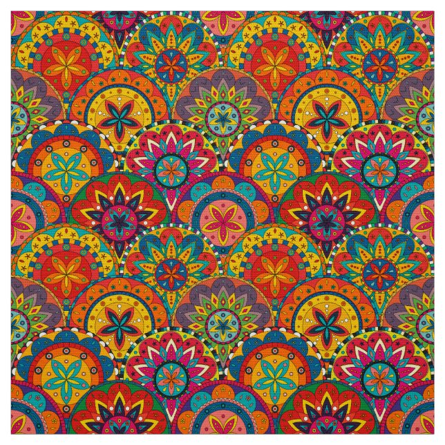 Funky Retro Colourful Mandala Pattern Fabric (Swatch)