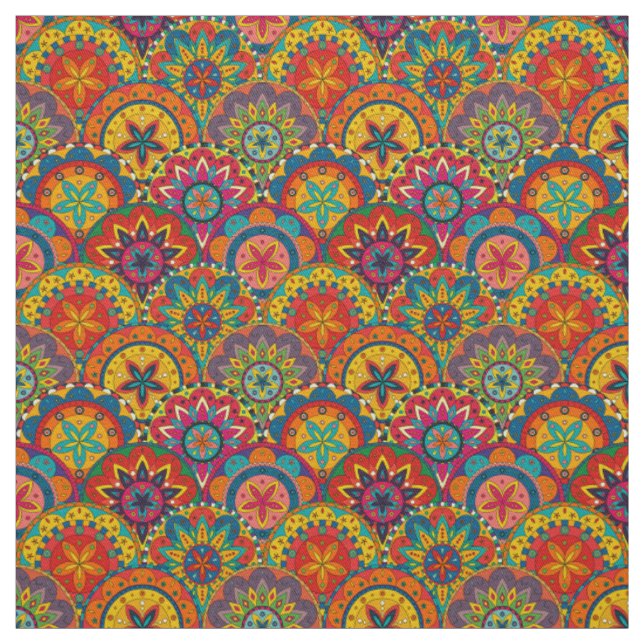 Funky Retro Colourful Mandala Pattern Fabric (Swatch)