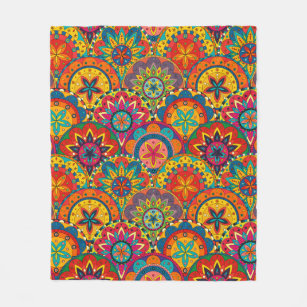 Funky Retro Colourful Mandala Pattern Fleece Blanket