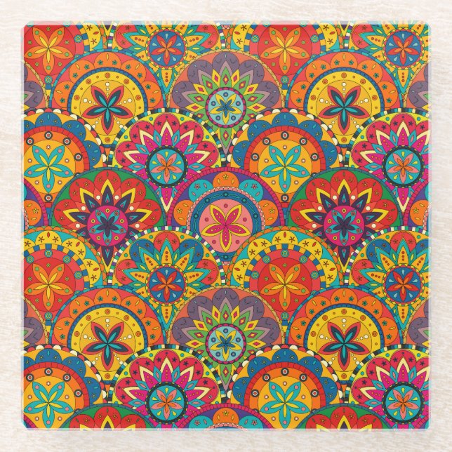 Funky Retro Colourful Mandala Pattern Glass Coaster (Front)