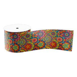 Funky Retro Colourful Mandala Pattern Grosgrain Ribbon