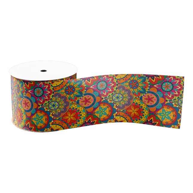 Funky Retro Colourful Mandala Pattern Grosgrain Ribbon (Spool)