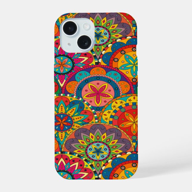 Funky Retro Colourful Mandala Pattern iPhone 15 Case (Back)