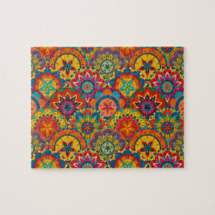 Funky Retro Colourful Mandala Pattern Jigsaw Puzzle