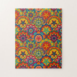 Funky Retro Colourful Mandala Pattern Jigsaw Puzzle