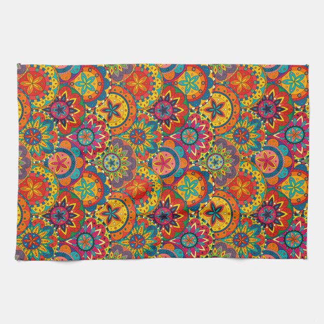 Funky Retro Colourful Mandala Pattern Kitchen Towel (Horizontal)