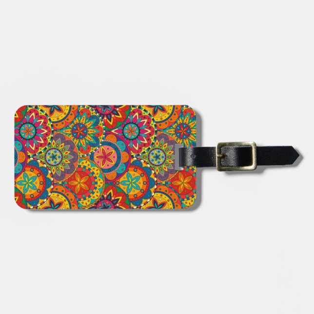 Funky Retro Colourful Mandala Pattern Luggage Tag (Front Horizontal)