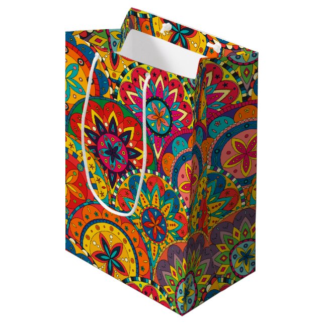 Funky Retro Colourful Mandala Pattern Medium Gift Bag (Front Angled)