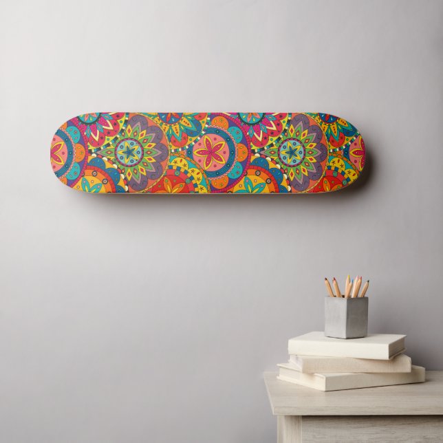 Funky Retro Colourful Mandala Pattern Skateboard (Wall Art (Horz))