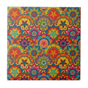 Funky Retro Colourful Mandala Pattern Tile