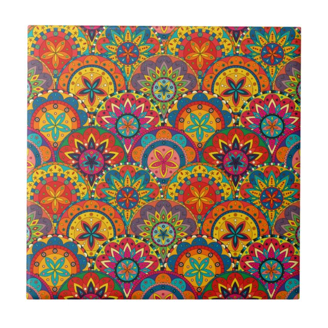 Funky Retro Colourful Mandala Pattern Tile (Front)