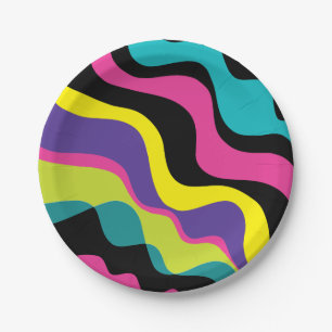 Funky Retro Colours Wave Pop Pattern 90's Party Paper Plate