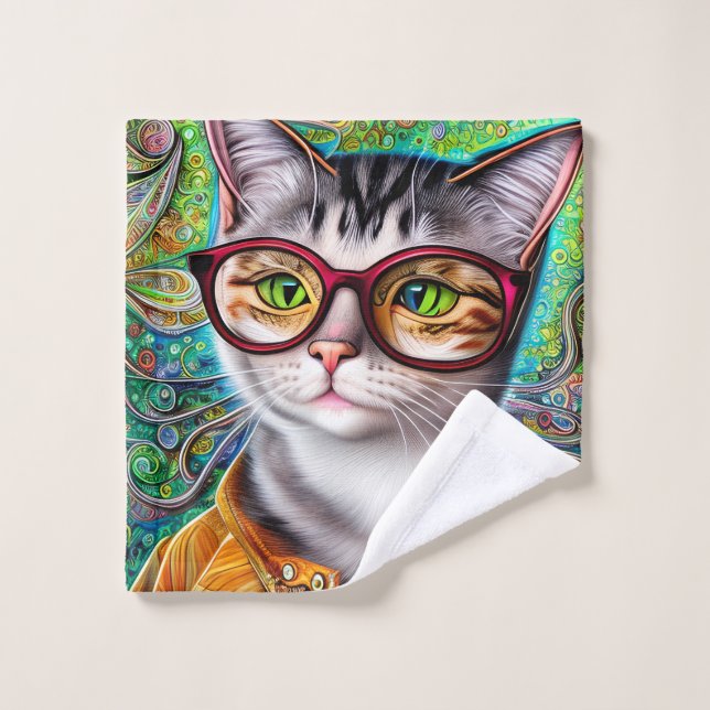 Funky Retro Cute Cat Wearing Glasses Artwork Wash Cloth (Wash Cloth)