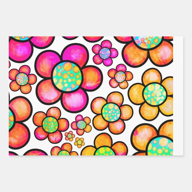 Funky retro flower wrapping paper sheet (Front)