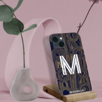 Funky Retro Groovy Navy Blue Gold Glitter Monogram