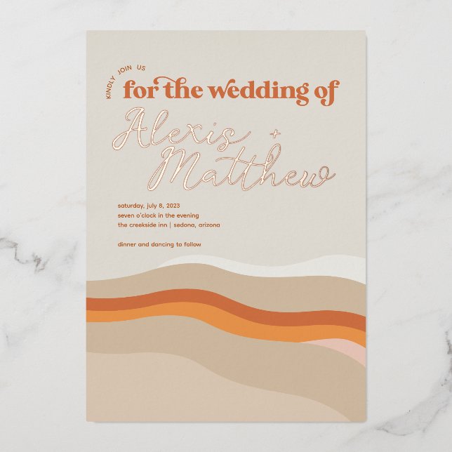 Funky Retro Orange Peach and Gold Desert Wedding (Front)