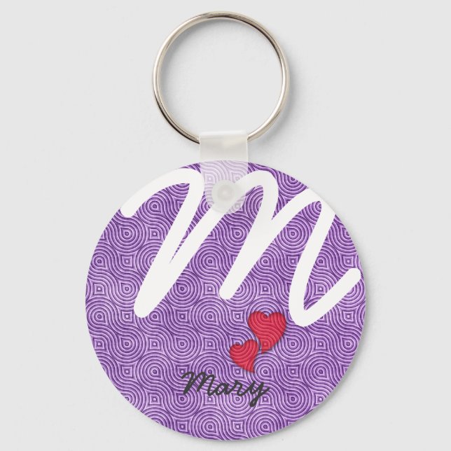 Funky Retro Pattern Custom Text Purple Keychain (Front)
