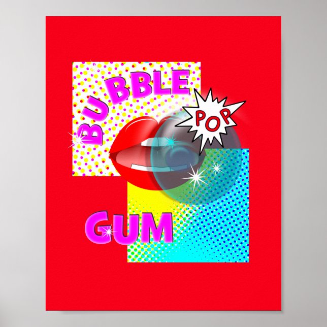 Funky Retro Pop Art Bubble Gum Lips Poster (Front)